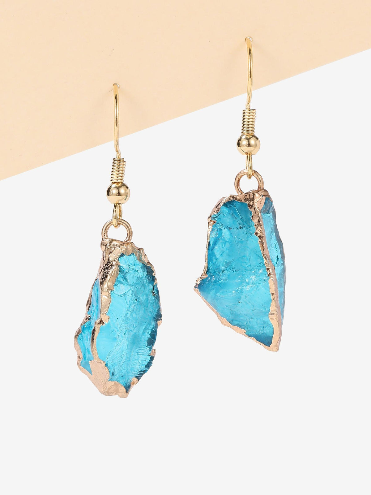 Women’s Blue Crystal Drop Earrings – Irregular Raw Stone Dangle Earrings, Gold Tone Statement Jewelry