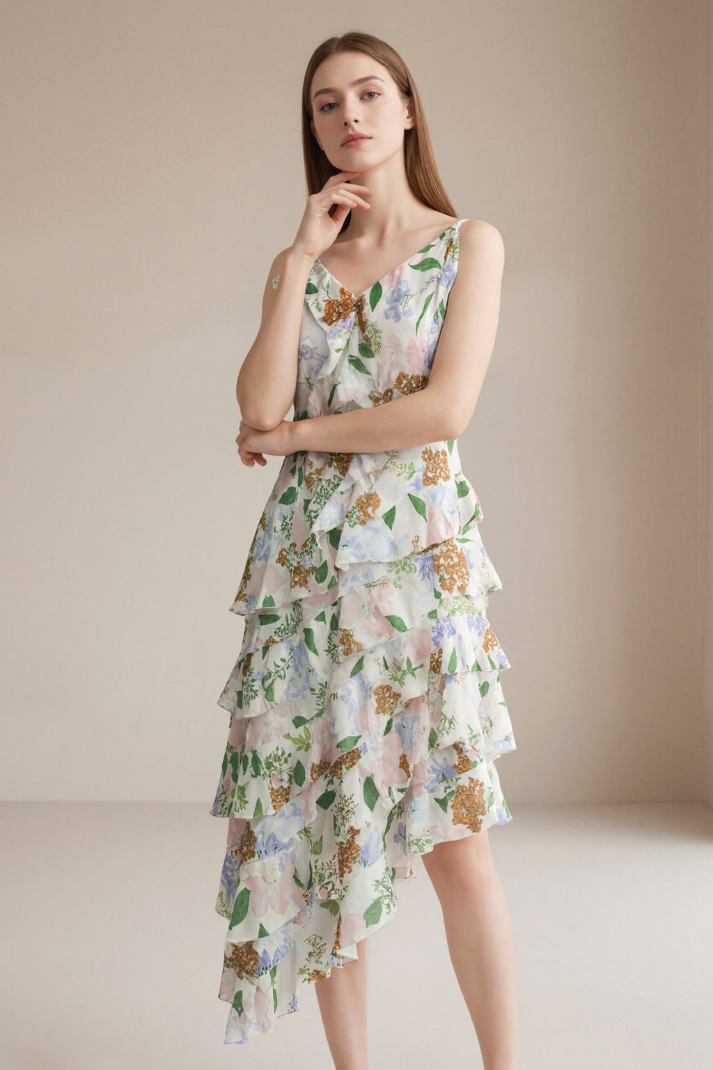 Women's LesLuvra Casual Midi Dress - Floral Cascade Design, Asymmetrical Ruffle, Hidden Pockets