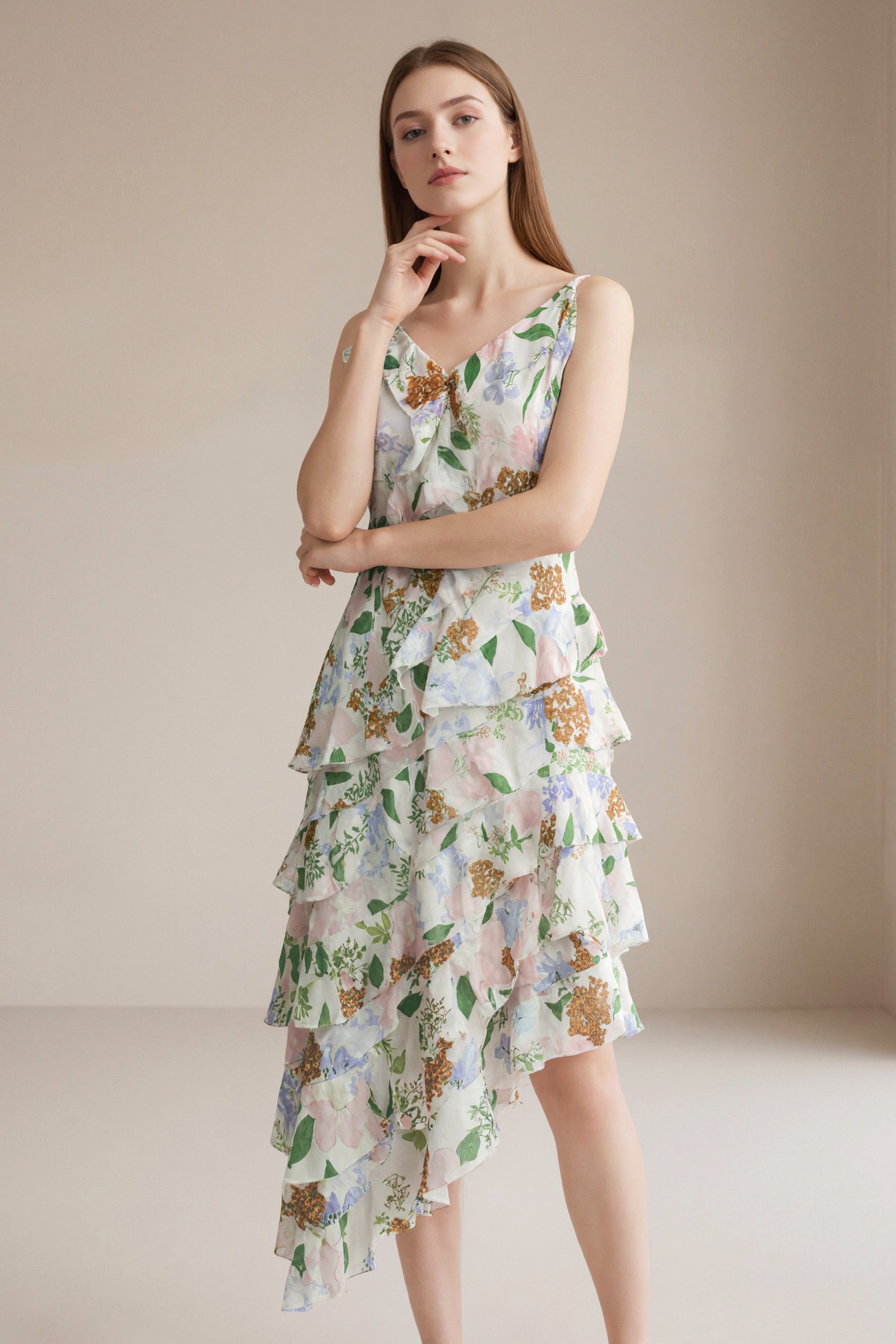 Women's LesLuvra Casual Midi Dress - Floral Cascade Design, Asymmetrical Ruffle, Hidden Pockets