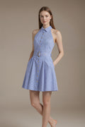 Womenswear Casual LesLuvra Elegant Blue Stripe Halter Mini Dress with Hidden Pockets, Adjustable Belt