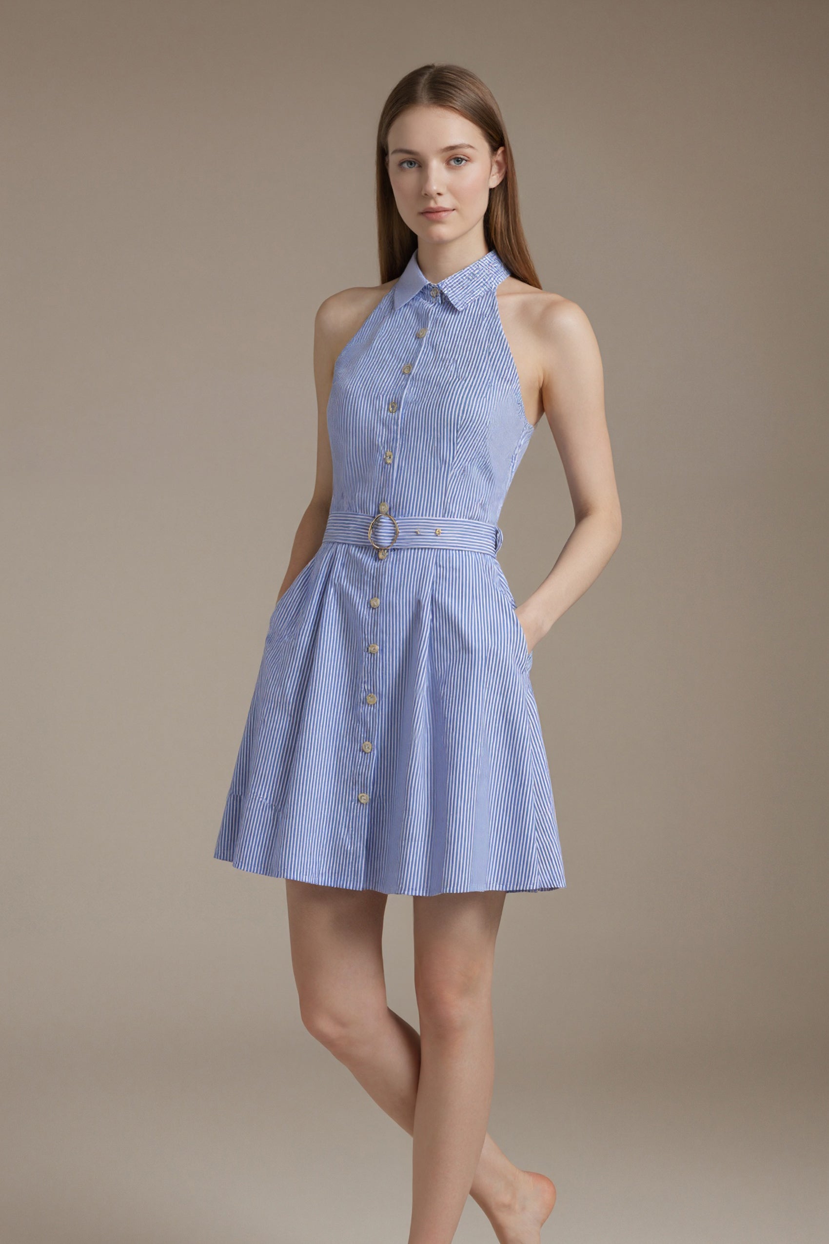 Womenswear Casual LesLuvra Elegant Blue Stripe Halter Mini Dress with Hidden Pockets, Adjustable Belt