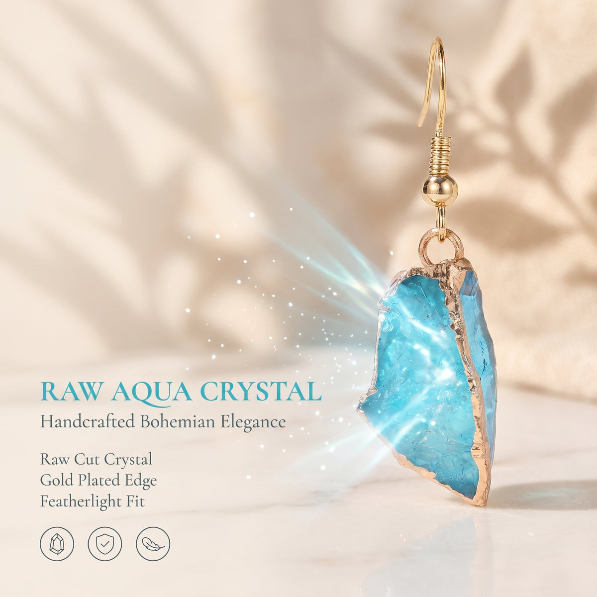 Women’s Blue Crystal Drop Earrings – Irregular Raw Stone Dangle Earrings, Gold Tone Statement Jewelry