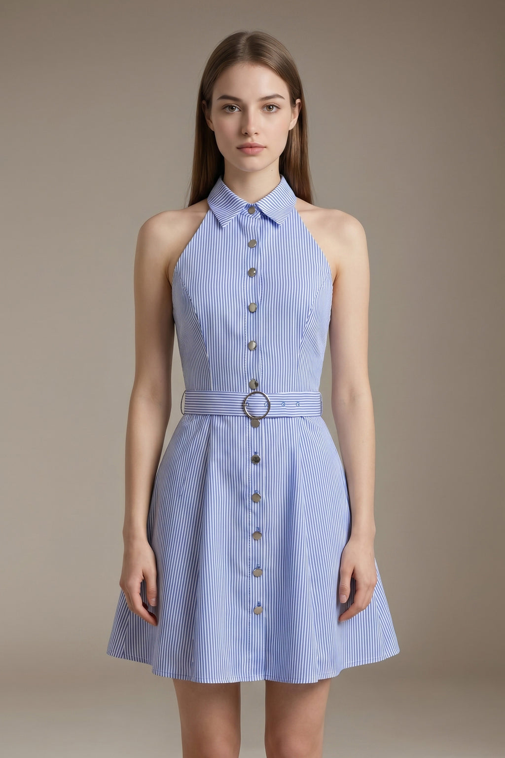 Womenswear Casual LesLuvra Elegant Blue Stripe Halter Mini Dress with Hidden Pockets, Adjustable Belt