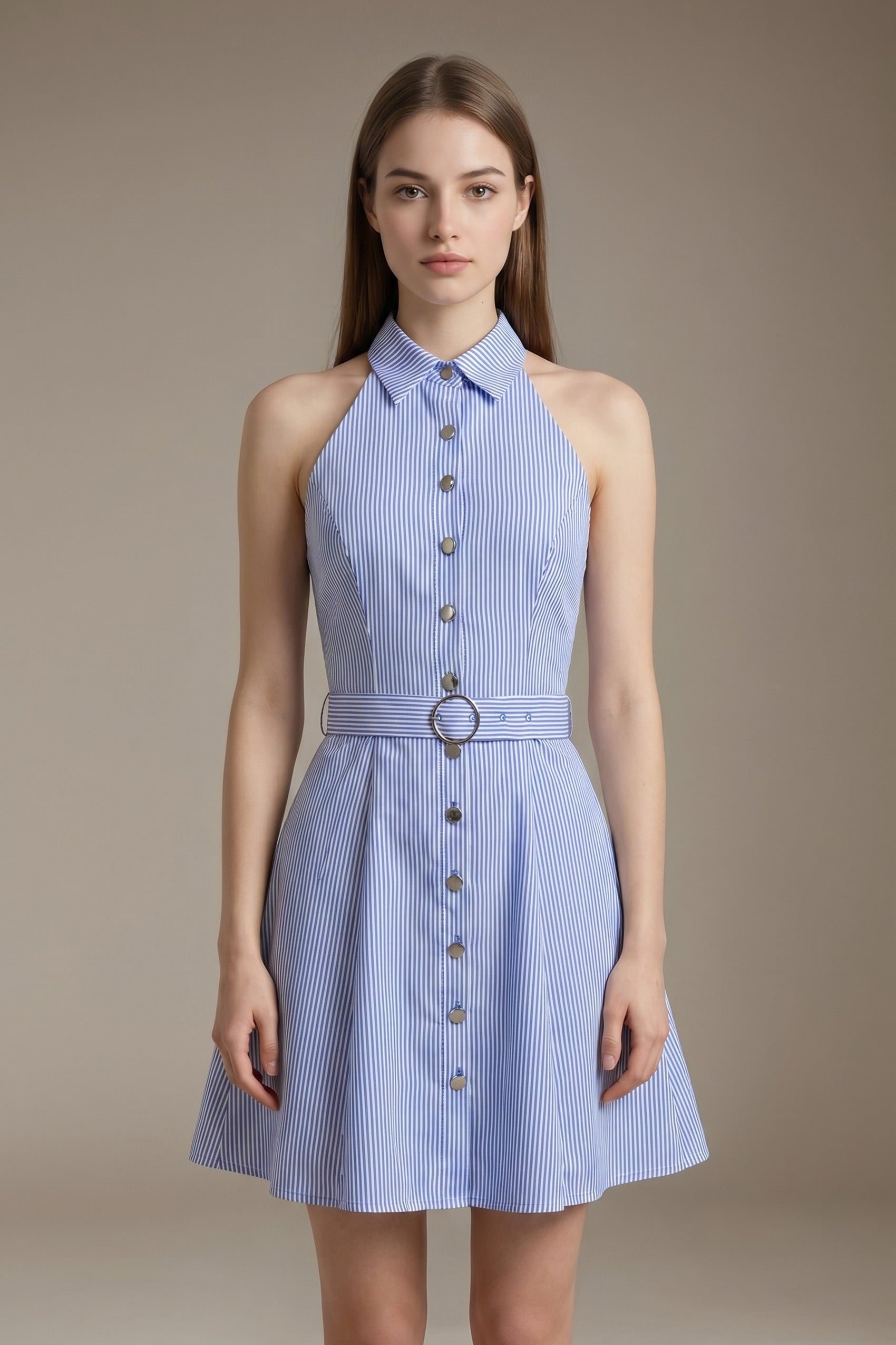 Womenswear Casual LesLuvra Elegant Blue Stripe Halter Mini Dress with Hidden Pockets, Adjustable Belt