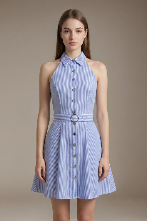 Womenswear Casual LesLuvra Elegant Blue Stripe Halter Mini Dress with Hidden Pockets, Adjustable Belt