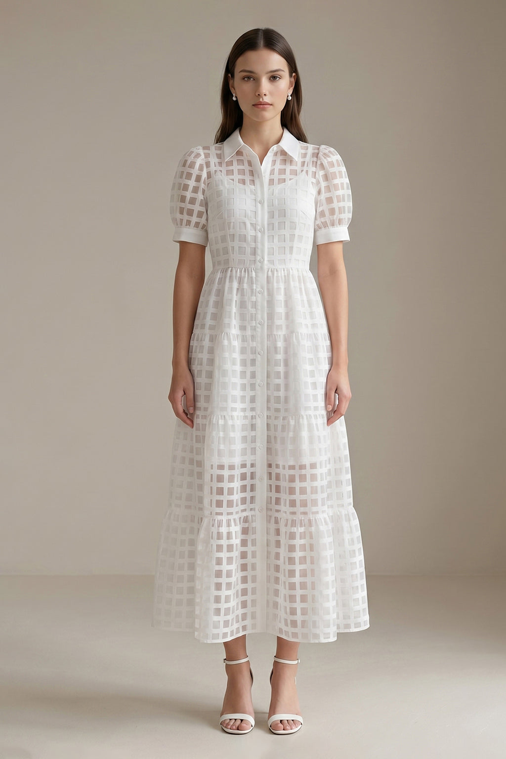 Women's LesLuvra White Sheer Grid Puff-Sleeve Casual Maxi Dress, Featuring Hidden Pockets