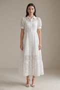 Women's LesLuvra White Sheer Grid Puff-Sleeve Casual Maxi Dress, Featuring Hidden Pockets