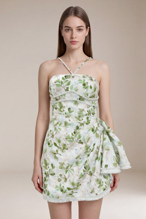 Women's LesLuvra Sage Bloom Ruched Casual Mini Dress - Equipped with Hidden Pockets