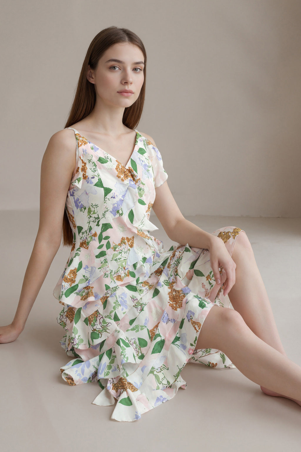 Women's LesLuvra Casual Midi Dress - Floral Cascade Design, Asymmetrical Ruffle, Hidden Pockets