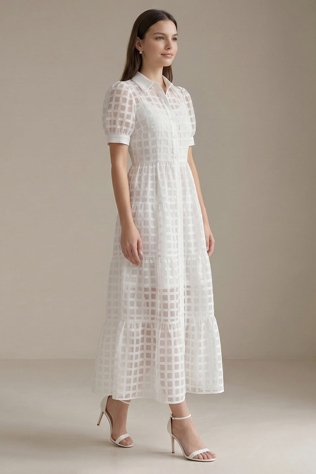 Women's LesLuvra White Sheer Grid Puff-Sleeve Casual Maxi Dress, Featuring Hidden Pockets