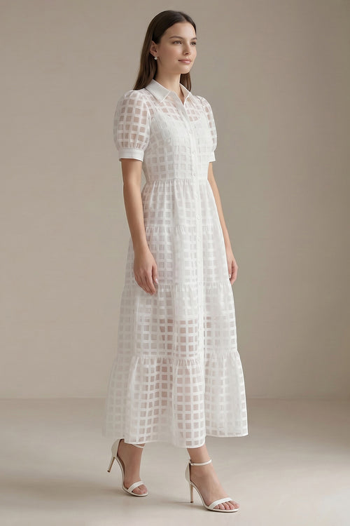 Women's LesLuvra White Sheer Grid Puff-Sleeve Casual Maxi Dress, Featuring Hidden Pockets
