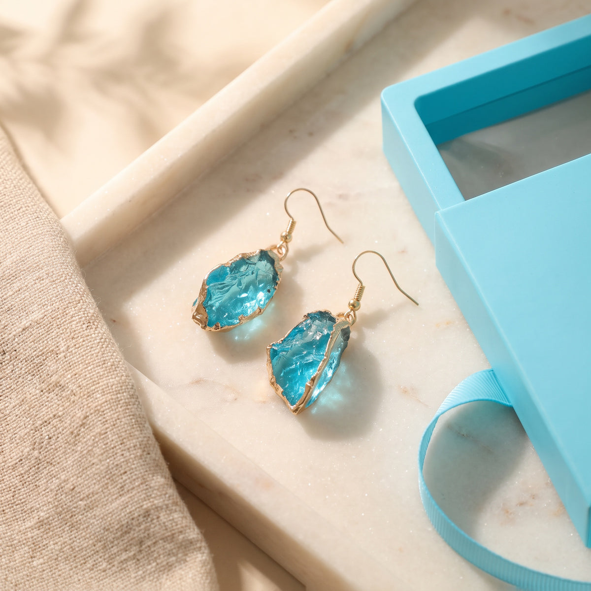 Women’s Blue Crystal Drop Earrings – Irregular Raw Stone Dangle Earrings, Gold Tone Statement Jewelry