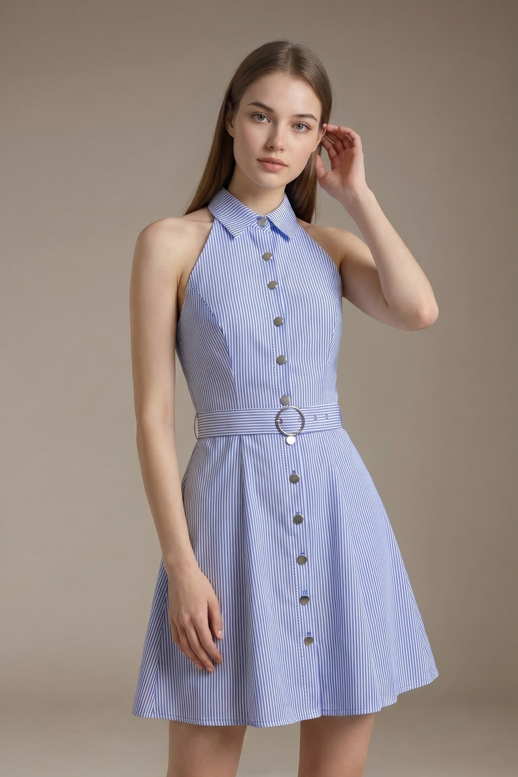 Womenswear Casual LesLuvra Elegant Blue Stripe Halter Mini Dress with Hidden Pockets, Adjustable Belt