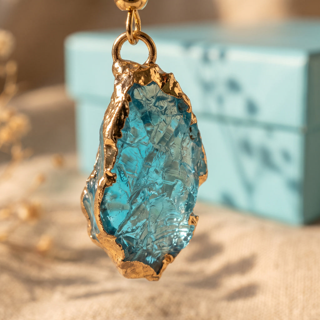 Women’s Blue Crystal Drop Earrings – Irregular Raw Stone Dangle Earrings, Gold Tone Statement Jewelry