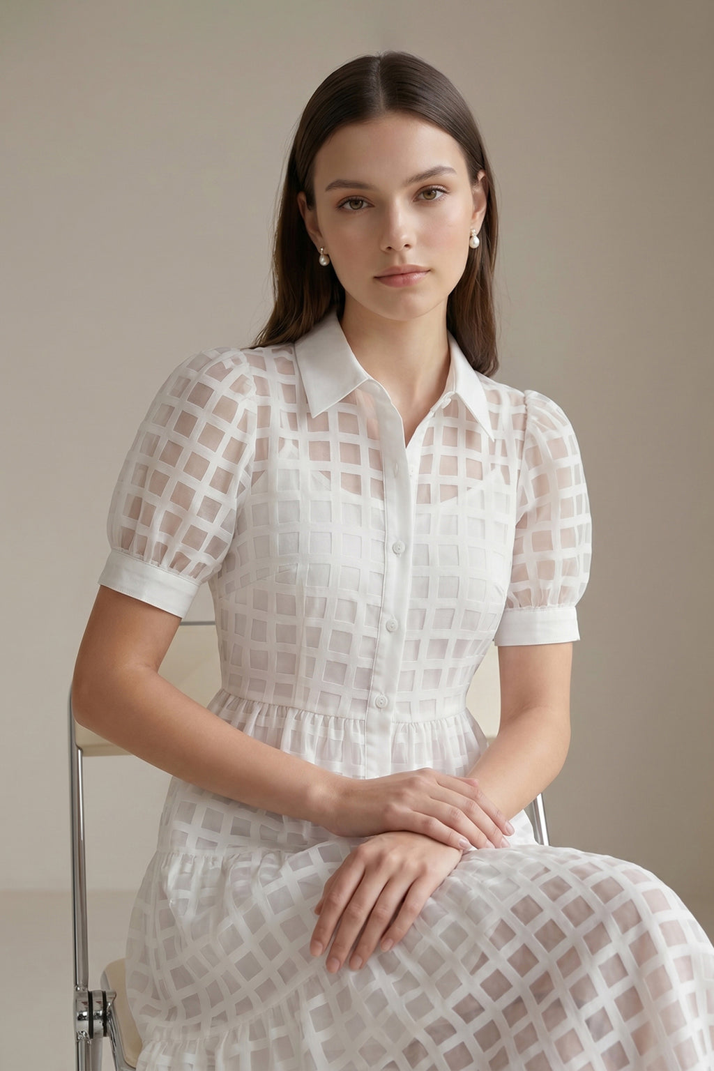 Women's LesLuvra White Sheer Grid Puff-Sleeve Casual Maxi Dress, Featuring Hidden Pockets