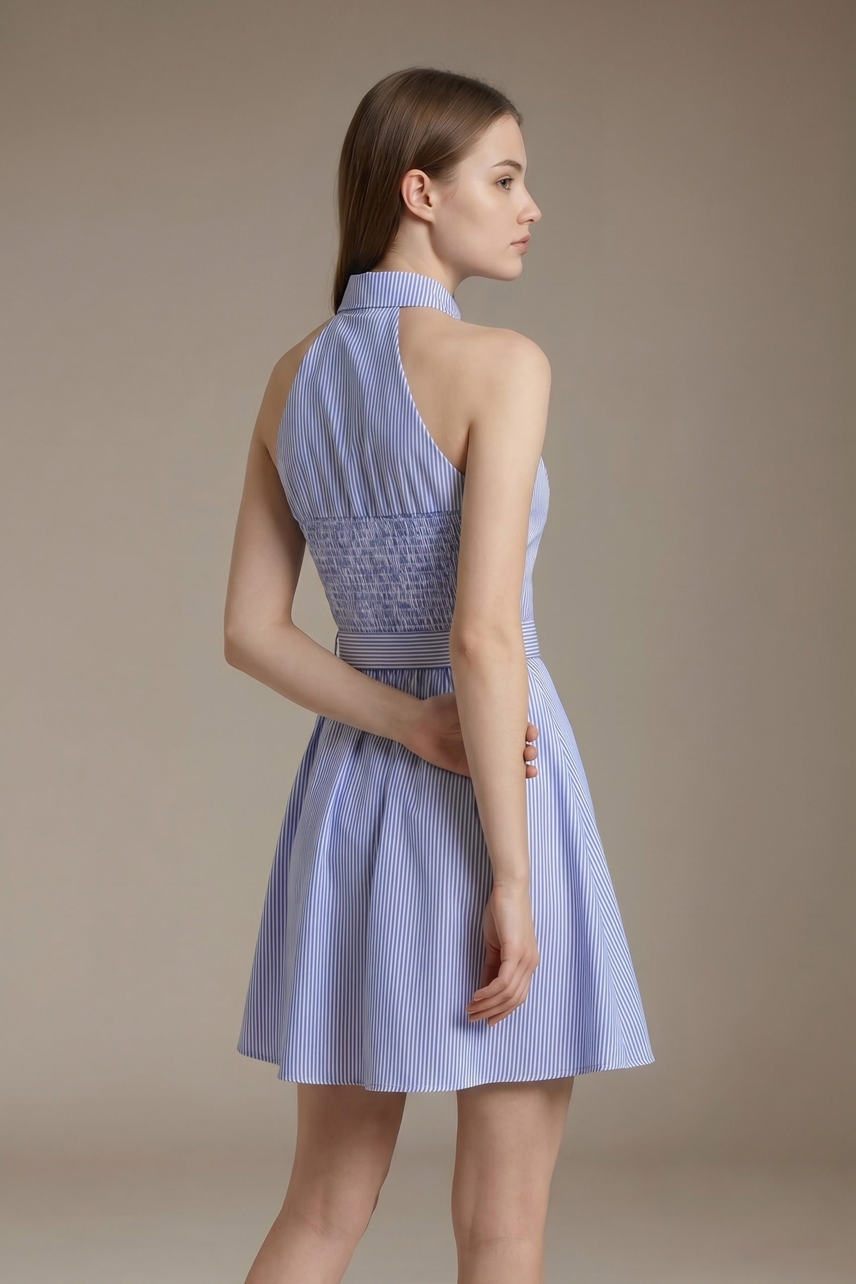 Womenswear Casual LesLuvra Elegant Blue Stripe Halter Mini Dress with Hidden Pockets, Adjustable Belt