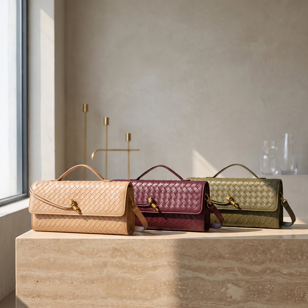 Women’s Woven Baguette Bag – Soft Leather Shoulder Bag, Crossbody Handbag, Elegant Evening Purse