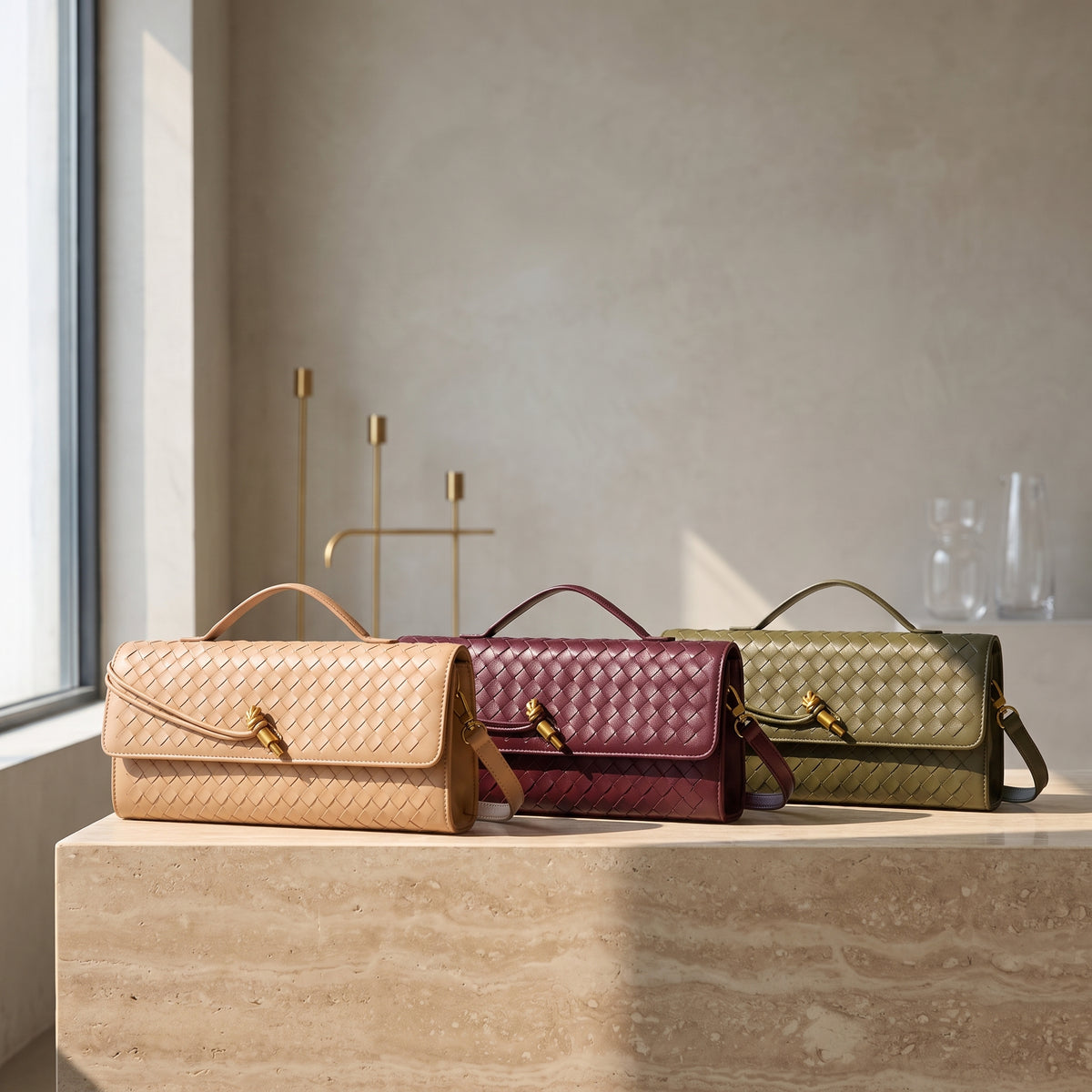 Women’s Woven Baguette Bag – Soft Leather Shoulder Bag, Crossbody Handbag, Elegant Evening Purse