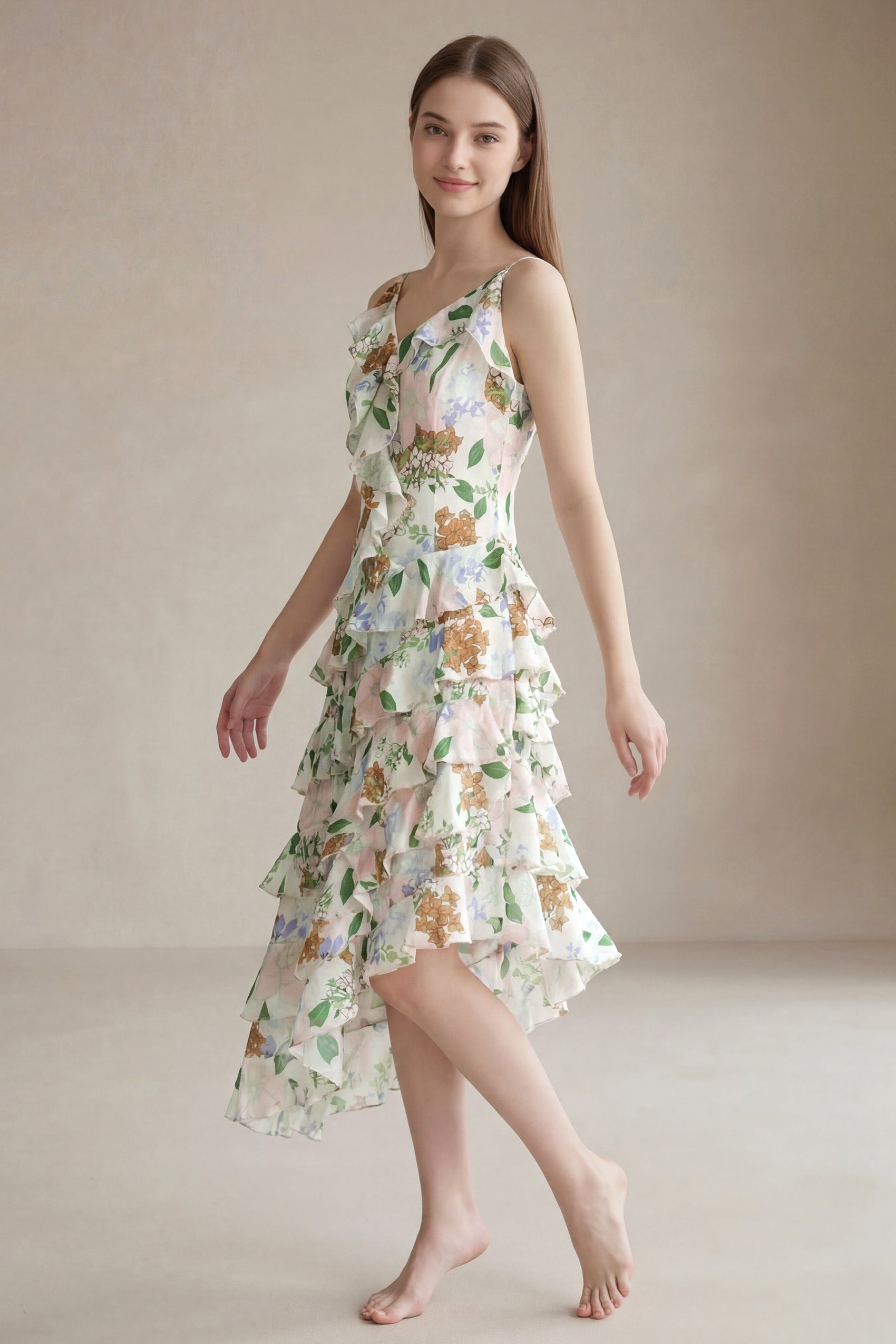 Women's LesLuvra Casual Midi Dress - Floral Cascade Design, Asymmetrical Ruffle, Hidden Pockets