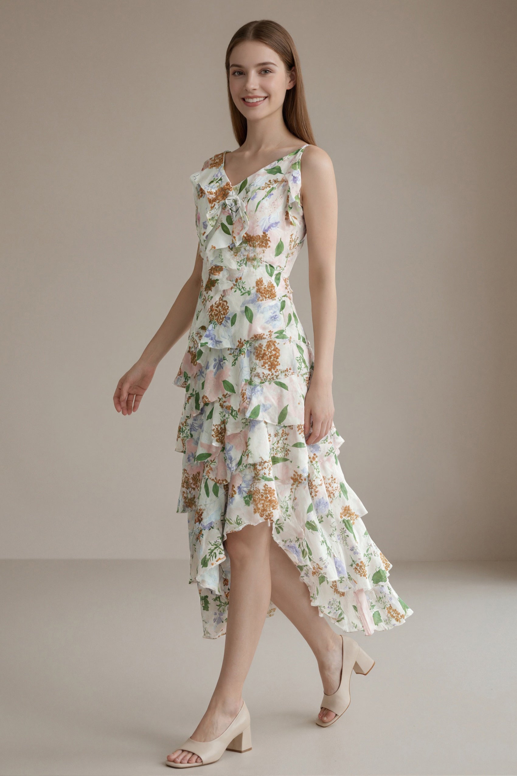 Women's LesLuvra Casual Midi Dress - Floral Cascade Design, Asymmetrical Ruffle, Hidden Pockets
