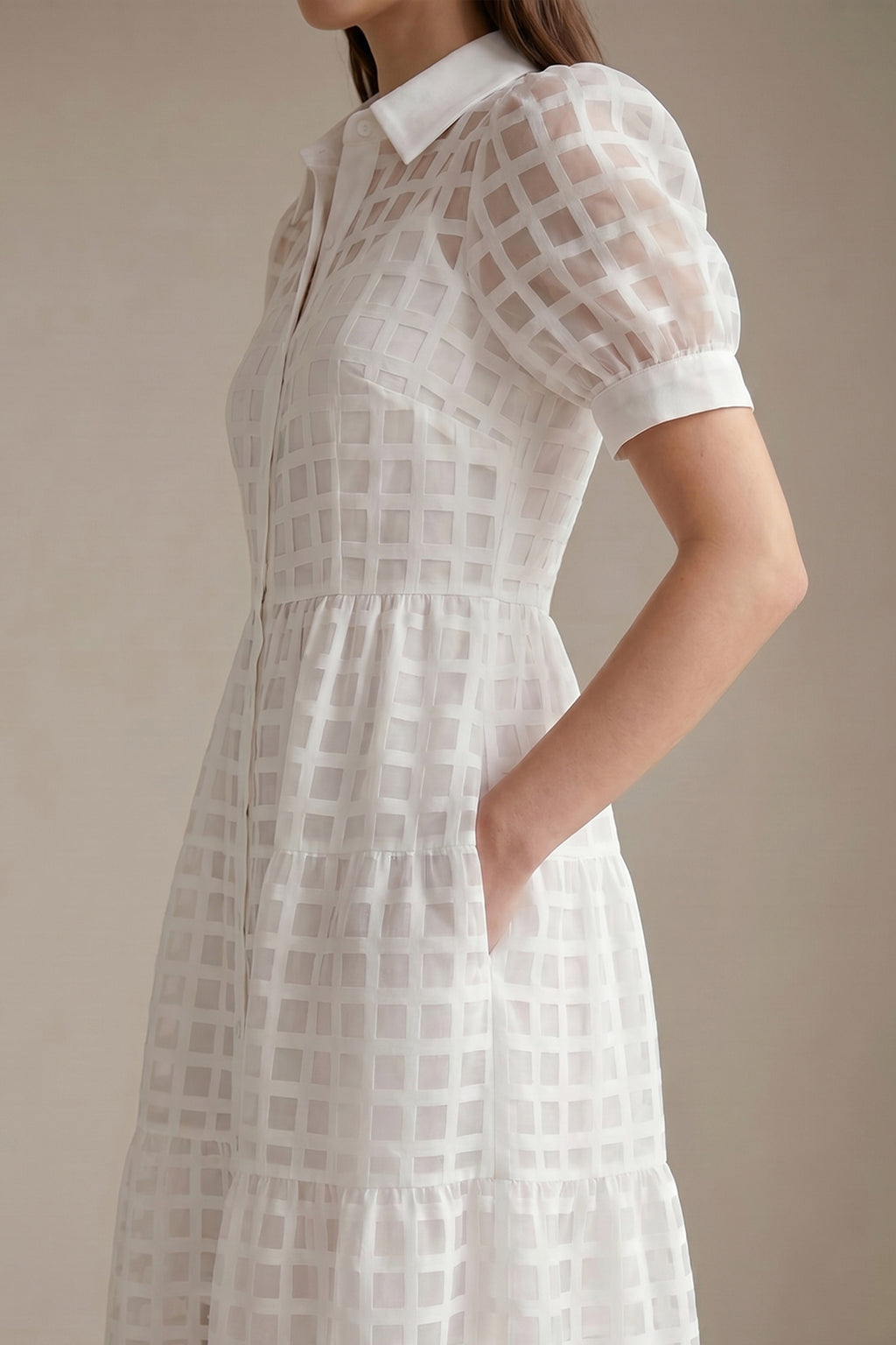 Women's LesLuvra White Sheer Grid Puff-Sleeve Casual Maxi Dress, Featuring Hidden Pockets