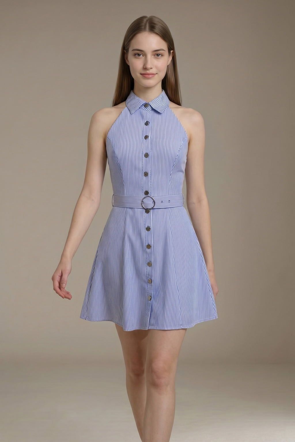 Womenswear Casual LesLuvra Elegant Blue Stripe Halter Mini Dress with Hidden Pockets, Adjustable Belt