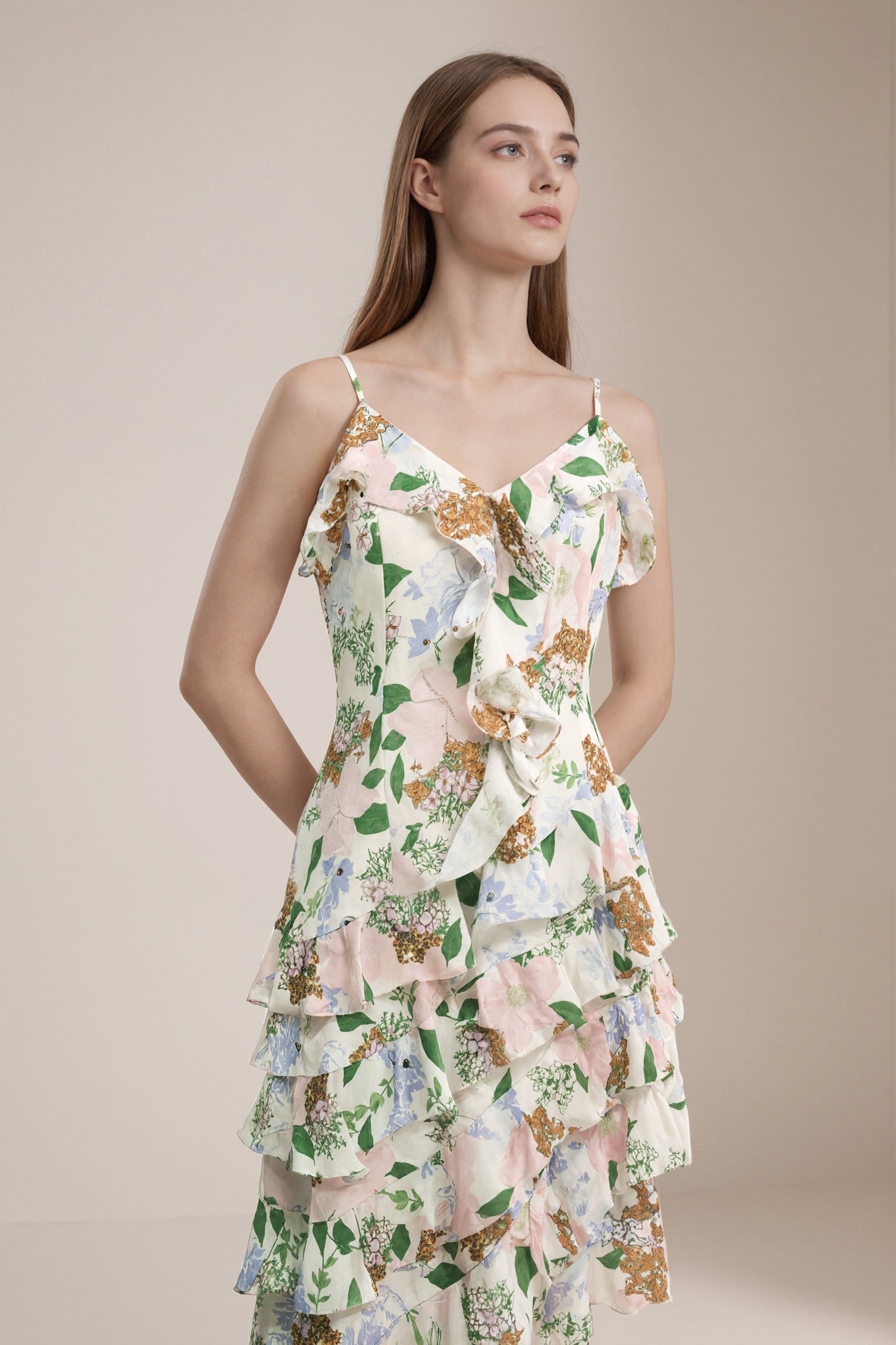 Women's LesLuvra Casual Midi Dress - Floral Cascade Design, Asymmetrical Ruffle, Hidden Pockets
