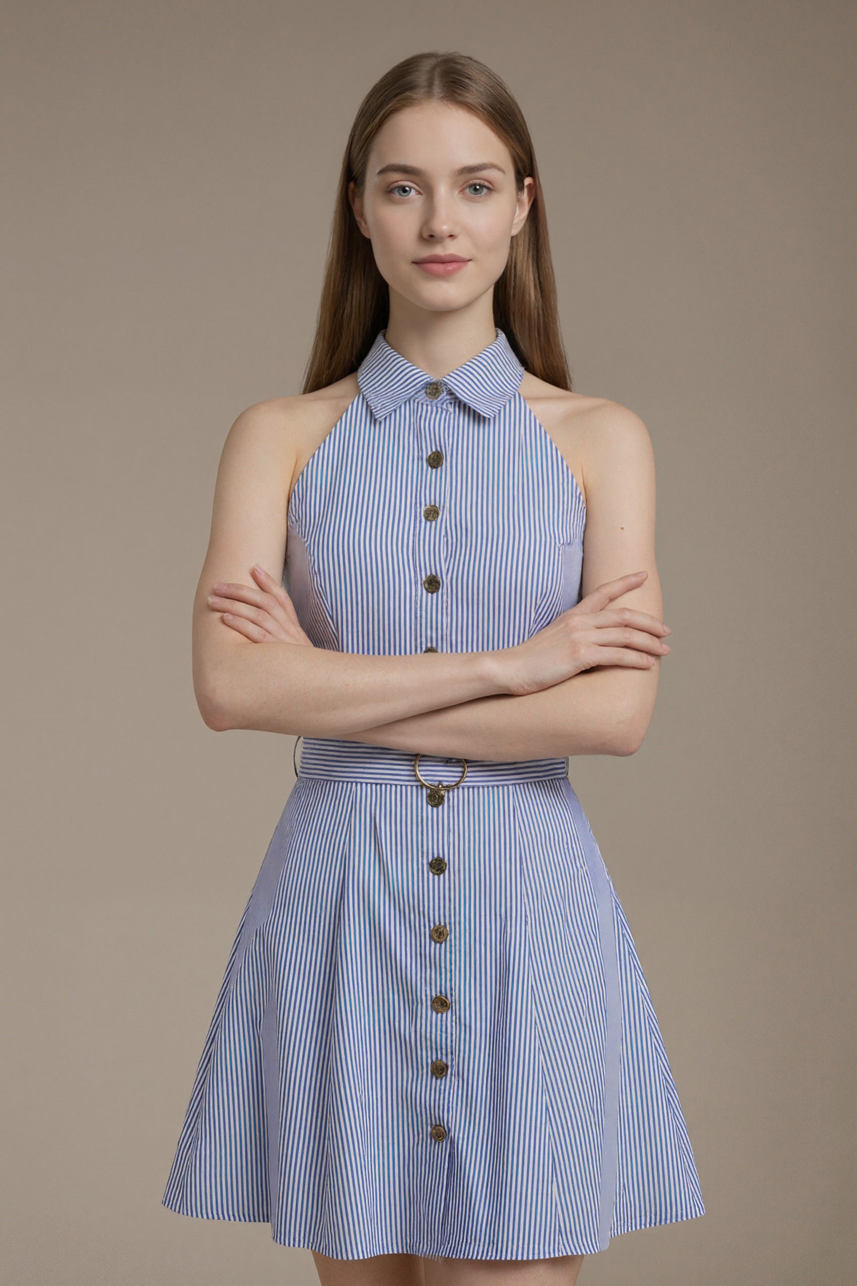 Womenswear Casual LesLuvra Elegant Blue Stripe Halter Mini Dress with Hidden Pockets, Adjustable Belt