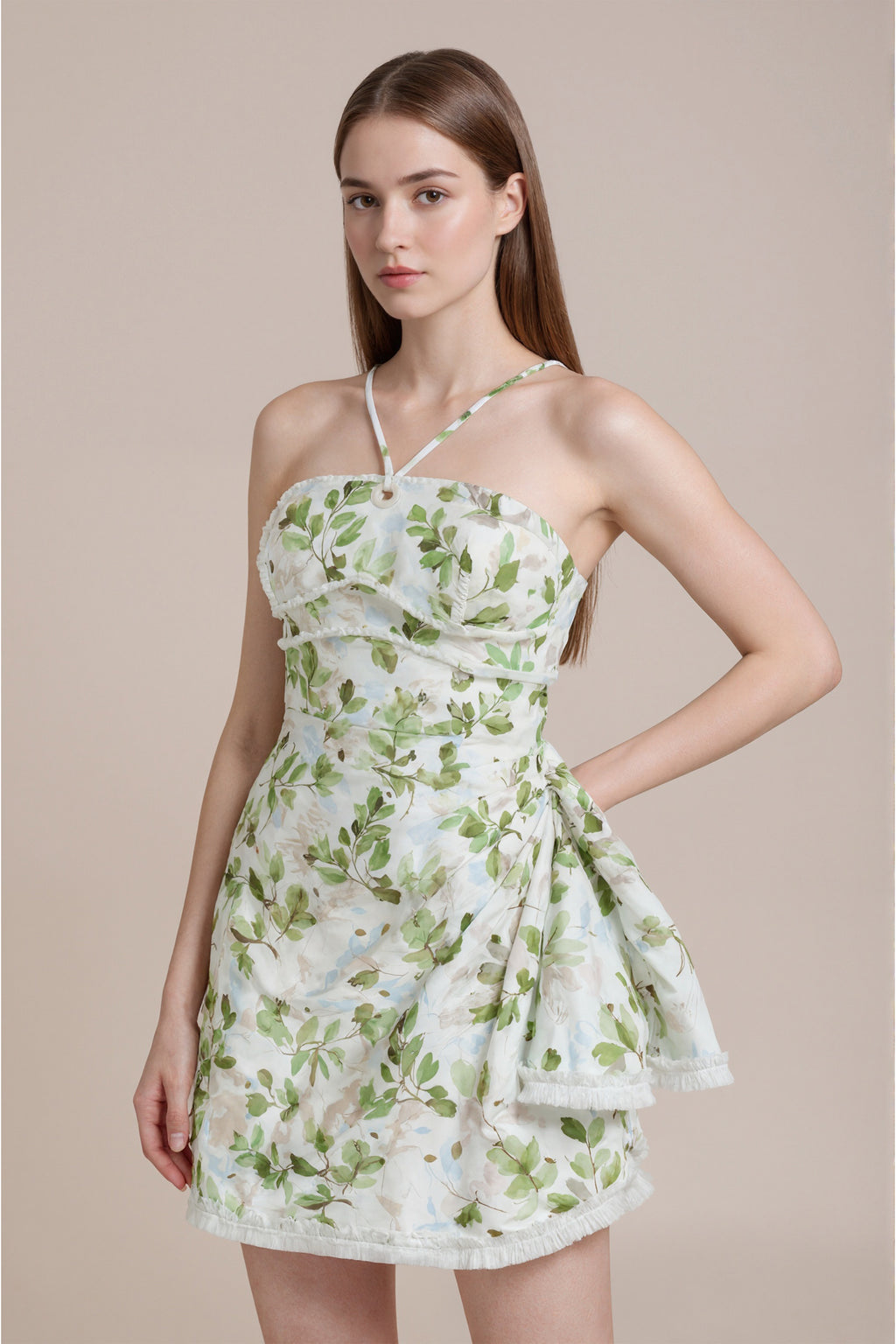 Women's LesLuvra Sage Bloom Ruched Casual Mini Dress - Equipped with Hidden Pockets