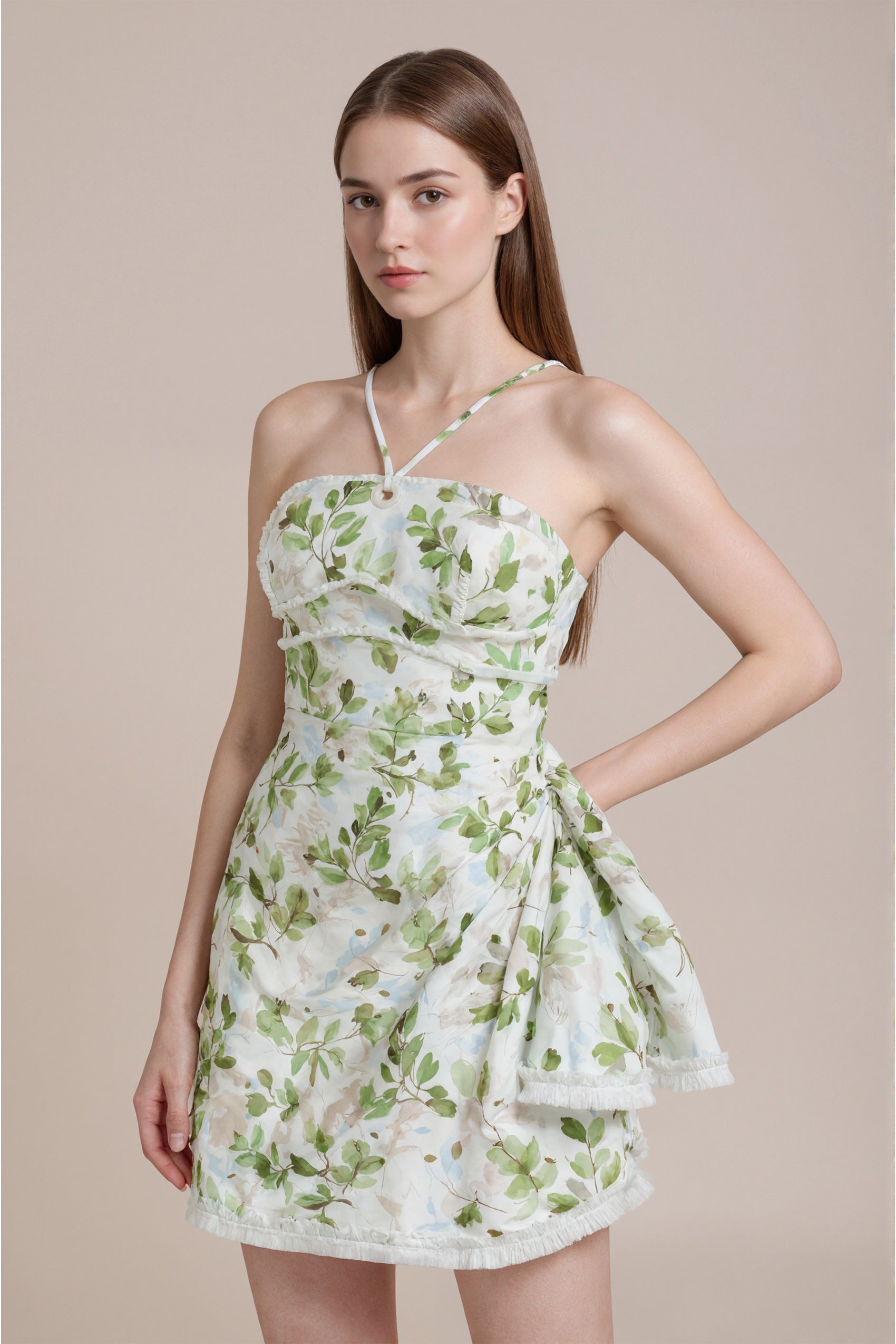 Women's LesLuvra Sage Bloom Ruched Casual Mini Dress - Equipped with Hidden Pockets
