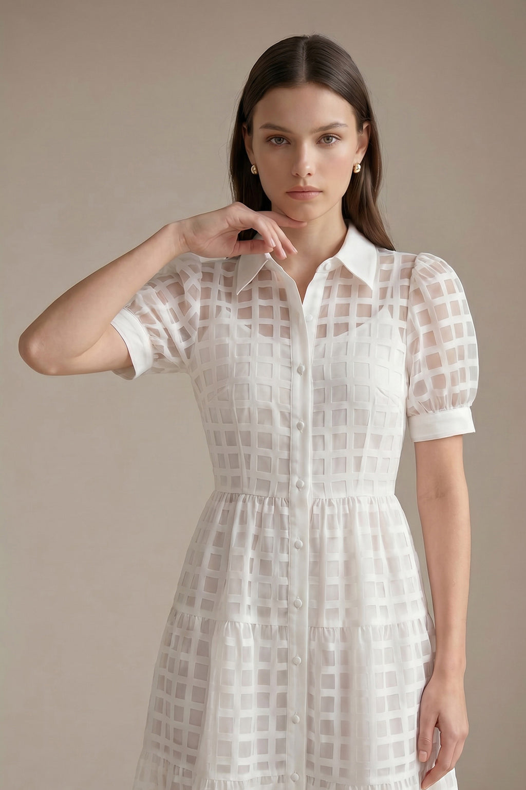 Women's LesLuvra White Sheer Grid Puff-Sleeve Casual Maxi Dress, Featuring Hidden Pockets