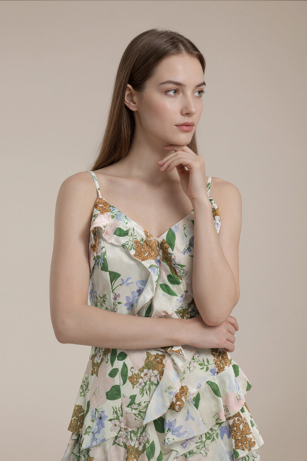 Women's LesLuvra Casual Midi Dress - Floral Cascade Design, Asymmetrical Ruffle, Hidden Pockets