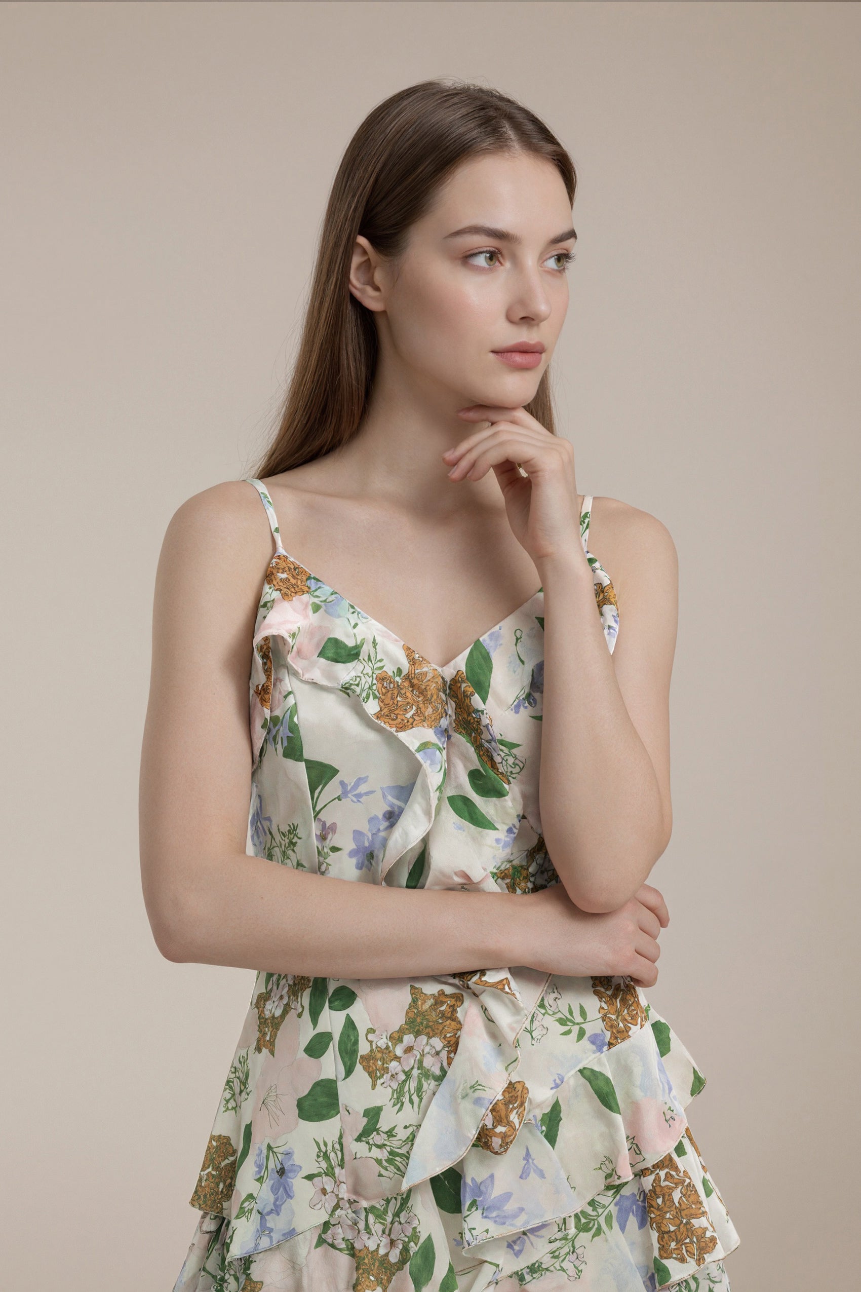 Women's LesLuvra Casual Midi Dress - Floral Cascade Design, Asymmetrical Ruffle, Hidden Pockets