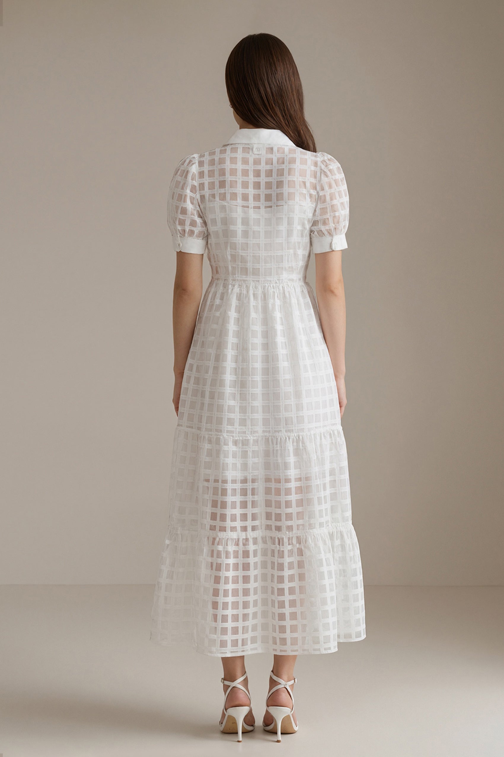 Women's LesLuvra White Sheer Grid Puff-Sleeve Casual Maxi Dress, Featuring Hidden Pockets