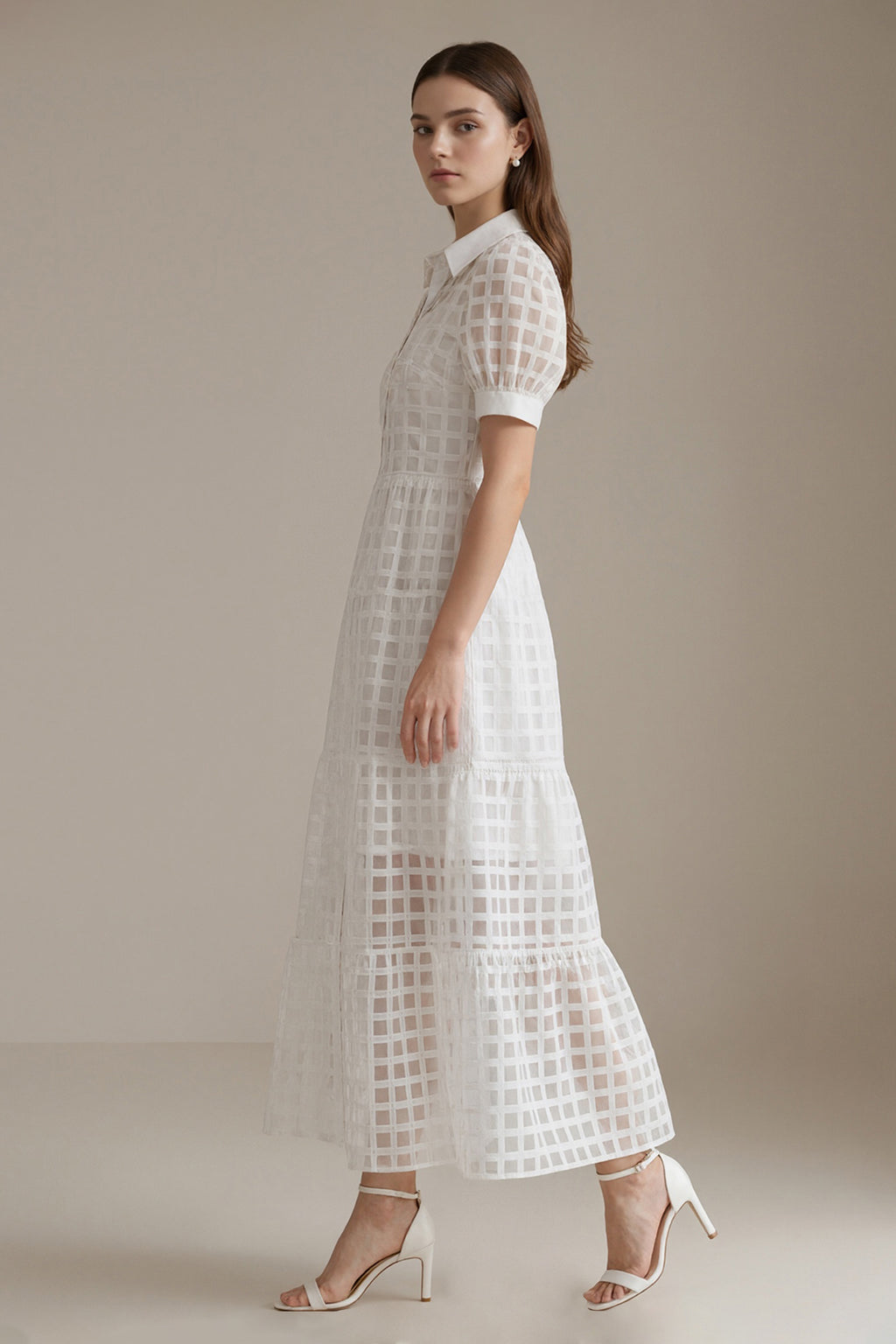 Women's LesLuvra White Sheer Grid Puff-Sleeve Casual Maxi Dress, Featuring Hidden Pockets