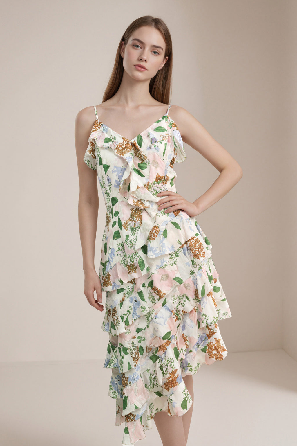 Women's LesLuvra Casual Midi Dress - Floral Cascade Design, Asymmetrical Ruffle, Hidden Pockets