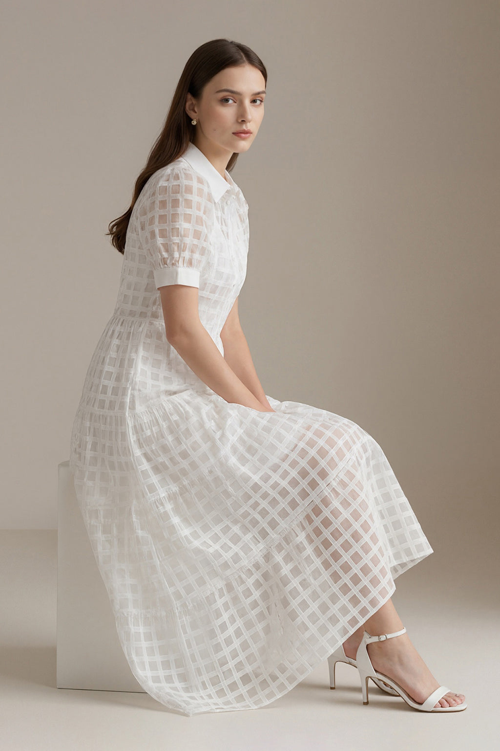 Women's LesLuvra White Sheer Grid Puff-Sleeve Casual Maxi Dress, Featuring Hidden Pockets