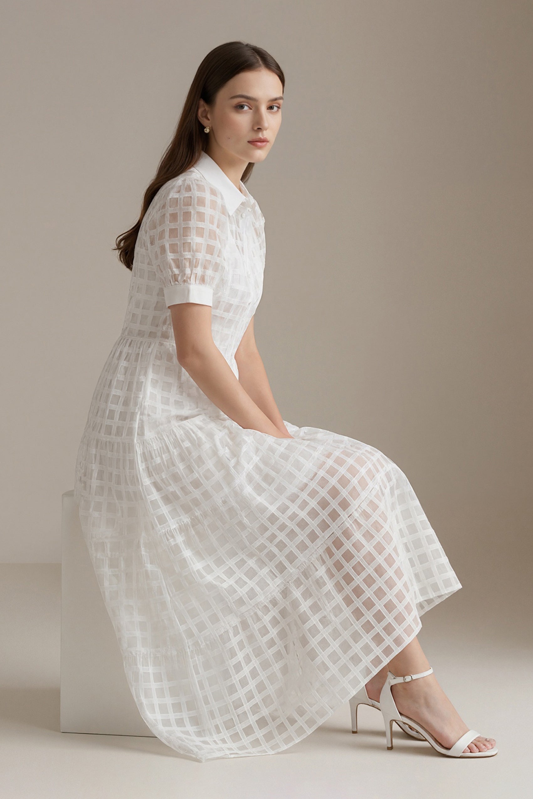 Women's LesLuvra White Sheer Grid Puff-Sleeve Casual Maxi Dress, Featuring Hidden Pockets