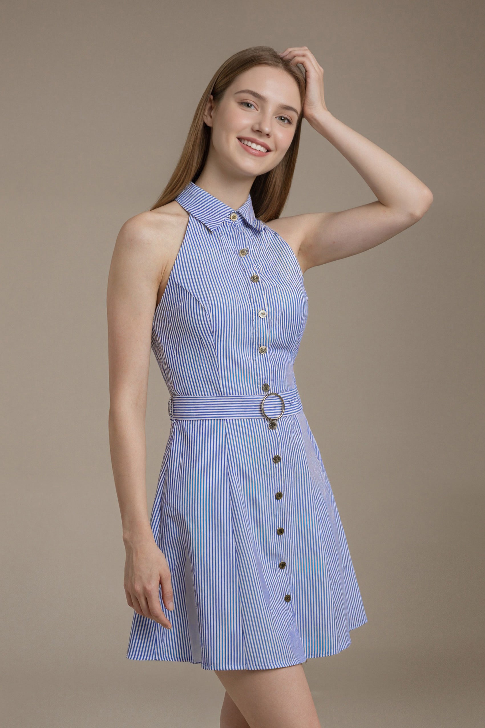 Womenswear Casual LesLuvra Elegant Blue Stripe Halter Mini Dress with Hidden Pockets, Adjustable Belt