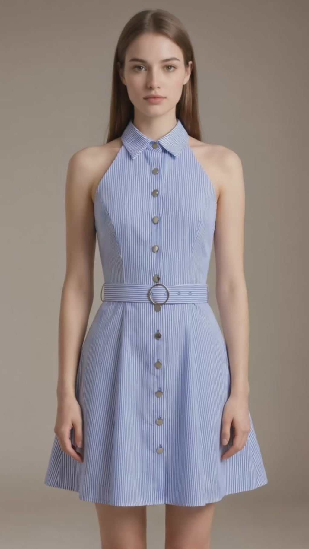 Womenswear Casual LesLuvra Elegant Blue Stripe Halter Mini Dress with Hidden Pockets, Adjustable Belt