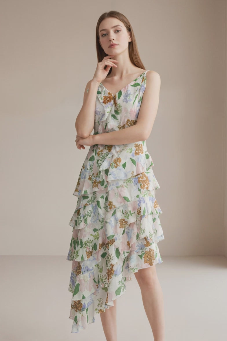 Women's LesLuvra Casual Midi Dress - Floral Cascade Design, Asymmetrical Ruffle, Hidden Pockets