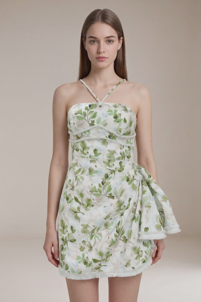 Women's LesLuvra Sage Bloom Ruched Casual Mini Dress - Equipped with Hidden Pockets
