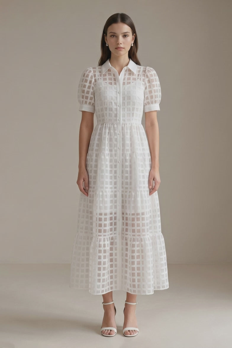 Women's LesLuvra White Sheer Grid Puff-Sleeve Casual Maxi Dress, Featuring Hidden Pockets